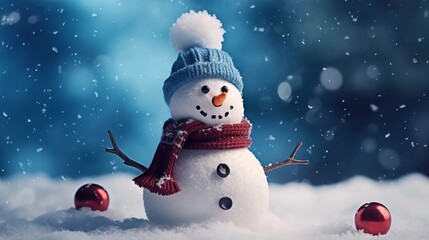 Fototapeta premium Snowman on winter background with Christmas decoration