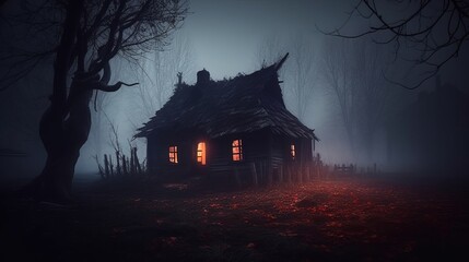 Spooky house or witch hut, dark and scary night halloween scene with fog