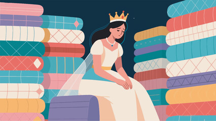 Illustration of a crowned princess in a dress seen sitting gloomily vector design template © BedRoses