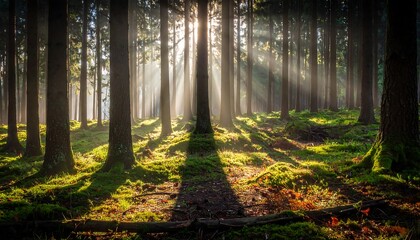 Naklejka premium Sunlight streams through a dense forest, illuminating the mossy ground and creating a serene atmosphere.
