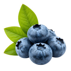 Obraz premium A vibrant cluster of fresh blueberries with delicate green leaves isolated on white or transparent background.PNG format.