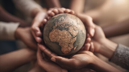 Diverse hands cradling globe depicting Africa, symbolizing unity, global connection, environmental stewardship, and shared responsibility.