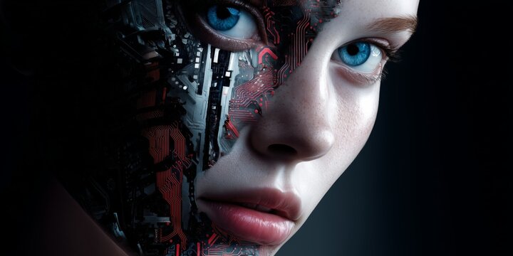 Futuristic female cyborg with intricate circuit patterns on face, showcasing advanced technology and design - Powered by Adobe