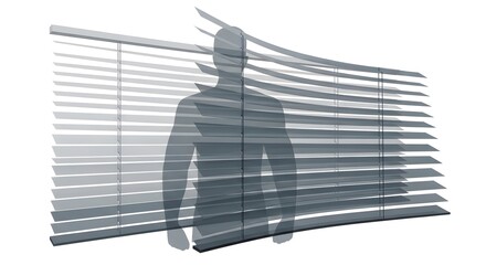 Silhouette of a Man Behind Modern Horizontal Window Blinds in Minimalist Interior