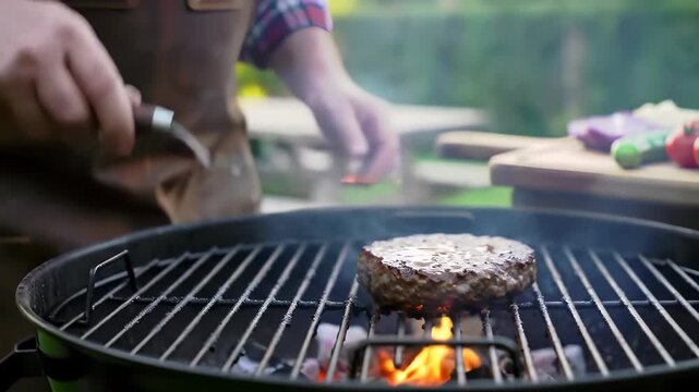 An adult man expertly flips a delicious beef burger on a hot charcoal grill outdoors, enjoying the quintessential summer barbecue experience.