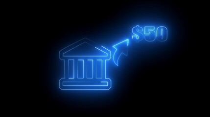 Abstract neon light bank house icon, Banking and Finance Concept Icon personal savings bank account money doodle concept with black background .50 dollar icon