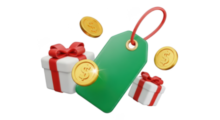 Gifts and coins with green tag isolated on transparent background