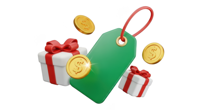 Gifts and coins with green tag isolated on transparent background - Powered by Adobe
