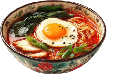 Spicy Noodles with Fried Egg in a Decorative Bowl