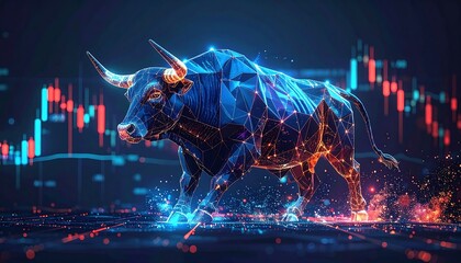 A digital artwork showcasing a polygonal bull, bathed in blue and orange light, set against a stock market graph backdrop