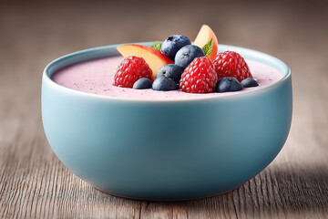 Blue bowl filled with a pink smoothie and blueberries. The bowl is on a wooden table