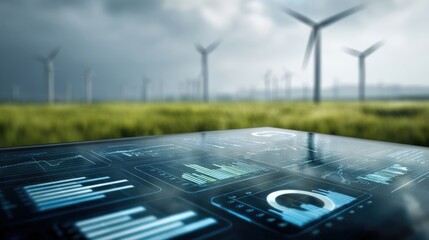 Wind Turbines with Data Visualization Interface Overlay for Sustainable Energy and Environmental Monitoring