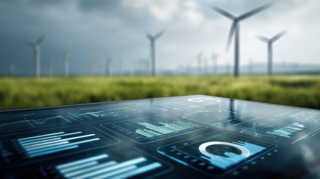 Wind Turbines with Data Visualization Interface Overlay for Sustainable Energy and Environmental Monitoring