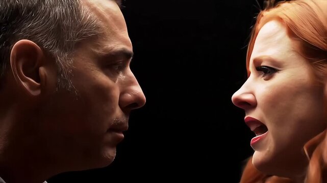 Man and woman arguing with intense expressions on dark background  