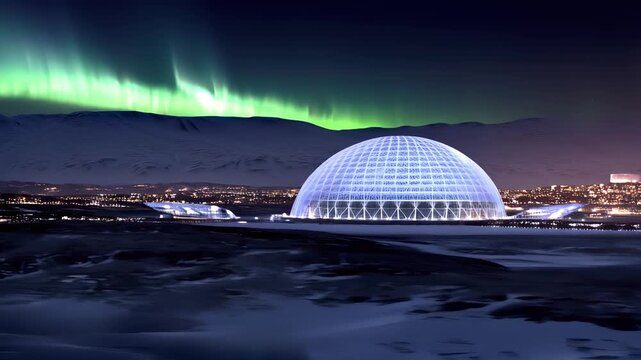 Perlan museum in reykjavik iceland illuminated at night with aurora borealis dancing above