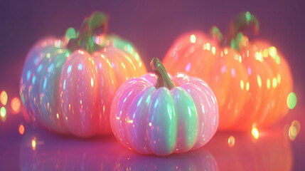 glowing neon pumpkins in pastel 3d render, shiny halloween decoration for modern posters, wallpapers, packaging and digital art	