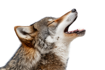 Closeup portrait of a wolf howling with its mouth open, isolated on transparent background