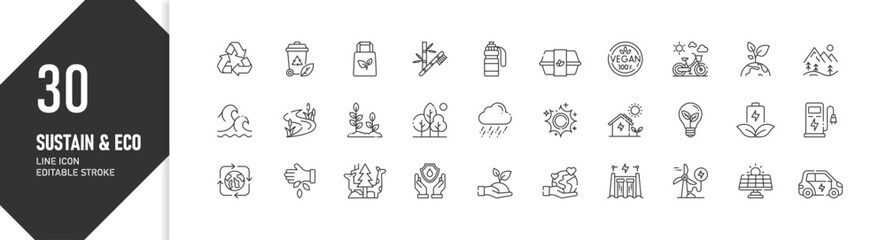 Sustainability & Eco Environment Line Icons: Editable Stroke Vector Set