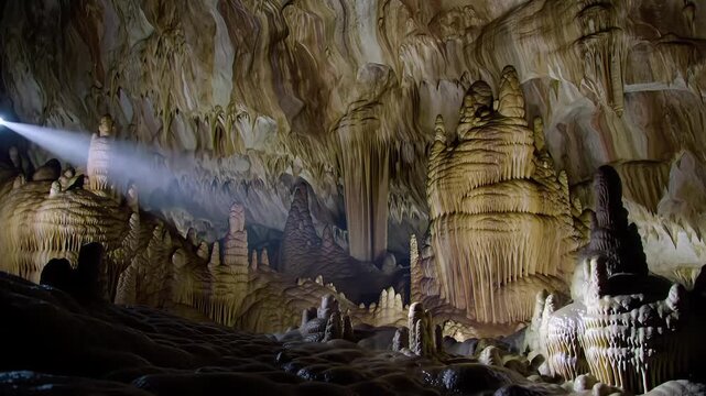 Stunning cave interior with stalactites and stalagmites illuminated  