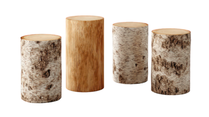 Four Wooden Birch Logs on Transparent Background