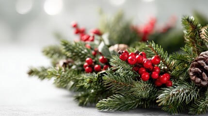 Festive Christmas Arrangement Featuring Evergreen Branches, Red Berries, and Pine Cones on a Soft Background