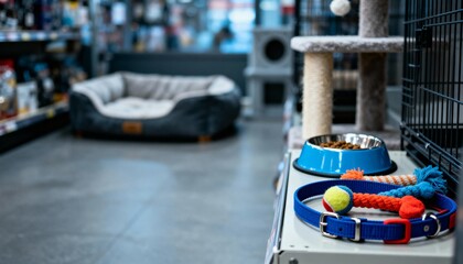 Pet Supplies Display in Store Featuring Dog Bed, Collar, Food Bowl, Toys, and Scratching Post