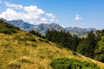 Naklejka premium The Arbizon Massif seen from the Col d’Aspin, surrounded by verdant valleys and forested slopes of the Hautes-Pyrénées
