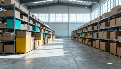 Obraz premium Large Distribution Warehouse Interior with Shelves Full of Cardboard Boxes, Ready for Shipping and Delivery