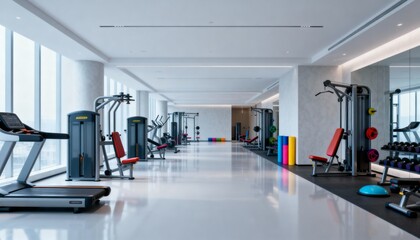 Modern Fitness Center with Exercise Equipment and Panoramic Windows Offering a Bright and Spacious Workout Environment