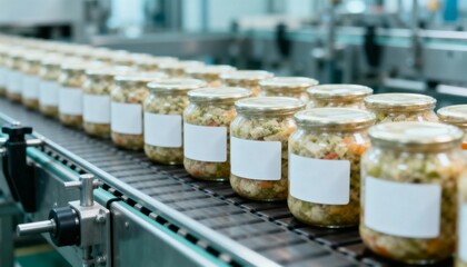 Food Processing: Glass Jars Filled with Vegetables on a Conveyor Belt in a Factory