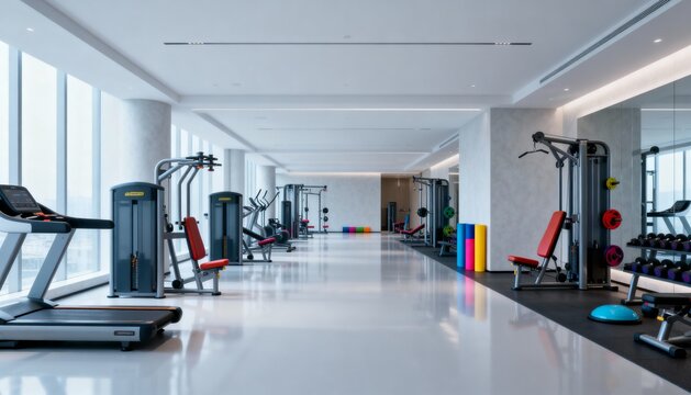 Modern Fitness Center with Exercise Equipment and Panoramic Windows Offering a Bright and Spacious Workout Environment