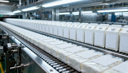 Automated Production Line: White Cartons Move Steadily Through a Modern Manufacturing Facility for Efficient Packaging