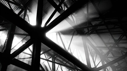 Fototapeta premium Industrial ceiling's metal beams and sunbeams in stark black and white contrast