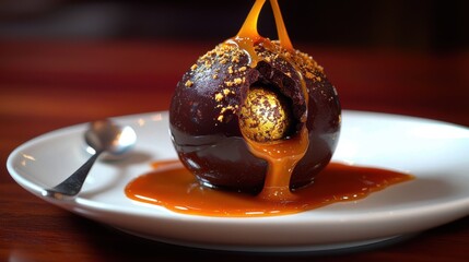 Chocolate sphere melting with flowing golden caramel sauce over lustrous dark chocolate dome on pristine white plate luxury restaurant plating