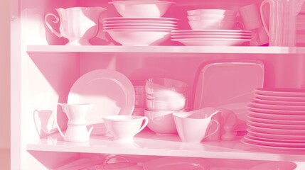 White Ceramic Dishware and Tableware Stacked in Kitchen Cabinet with Pinks and Whites