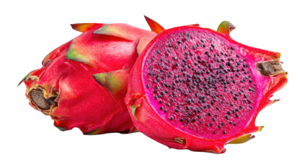 Closeup of a Red Dragon Fruit Sliced in Half Against a Black Background