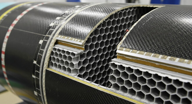 A detailed, close-up shot of a cutaway section of a carbon fiber composite cylinder for a rocket or aerospace component. The image reveals the complex