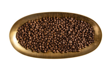 Roasted coffee beans fill a golden oval tray, presented on a transparent background