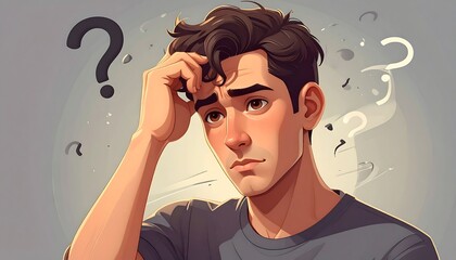 A thoughtful young man contemplates, surrounded by floating question marks, conveying a sense of indecision and deep thought.