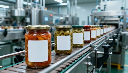 Jars with colorful preserved food moving along a conveyor belt in food production factory