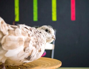 Close-up of a light-grey, speckled bird on a light brown wooden plate, against a dark backdrop with vibrant colored stripes