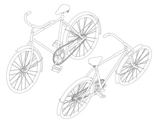 Two bicycles sketched in detailed contour with unique designs, isometric view. Vector illustration