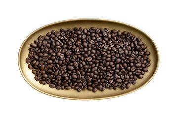 Fototapeta premium Top view of roasted coffee beans arranged in a golden tray, isolated on white isolated on transparent background