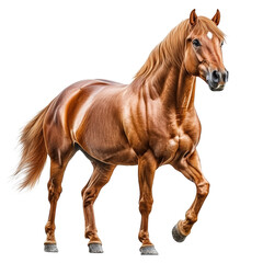 Obraz premium Majestic chestnut horse with flowing mane standing proudly in a dynamic pose against a transparent background, showcasing strength and elegance in every detail