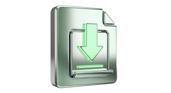 Green Download Icon on Silver File Document with Glowing Effect
