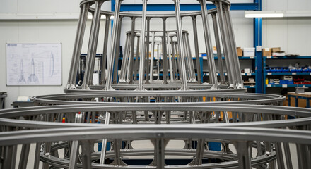 A close-up, low-angle shot of a complex metal framework in an industrial workshop. The structure consists of multiple concentric rings and vertical bars, all made of shiny, precise-looking metal