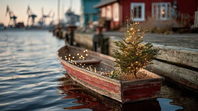 Festive Christmas Tree in a Rustic Rowboat Floating on Water near a Harbor during Winter - Powered by Adobe
