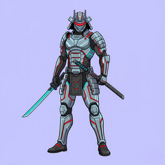 Naklejka premium A futuristic samurai warrior in advanced cybernetic armor standing with a glowing plasma katana sword