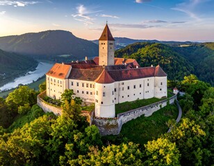 Obraz premium A majestic medieval castle perched atop a hill overlooking a tranquil river valley, bathed in the soft light of a golden sunrise.