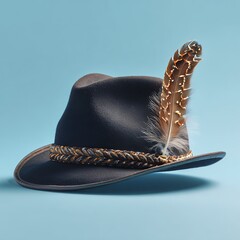 Classic felt hat with braided band and decorative feather on a light blue background